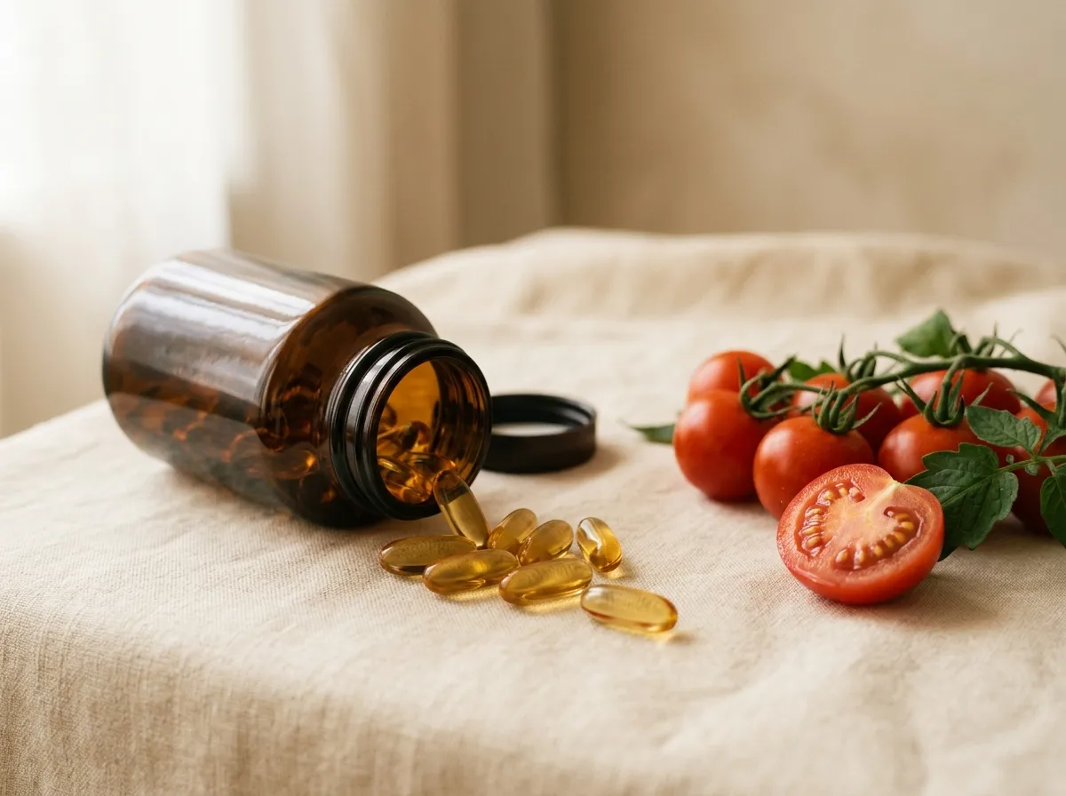 Lycopene supplement for men - golden capsules and tomatoes representing Hardero ingredients